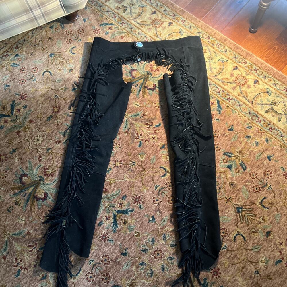 Western Black Genuine Suede Leather Shotgun Chaps Fringe Silver Conchos Sm 38-42 - Picture 2 of 9